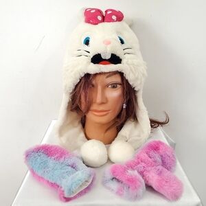 White Hooded Cartoon Bunny Hat Long Ears And Mittens For Little Girls 4-5 Years